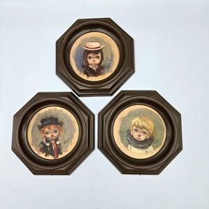 1960s Franco Ozz Big Eyes Sad Clown Kids Pictures 6" Octagonal Frame Set Of 3